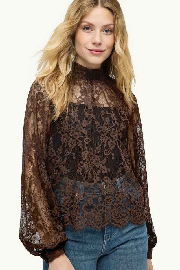 Women - Lace blouse with knot detail - brown