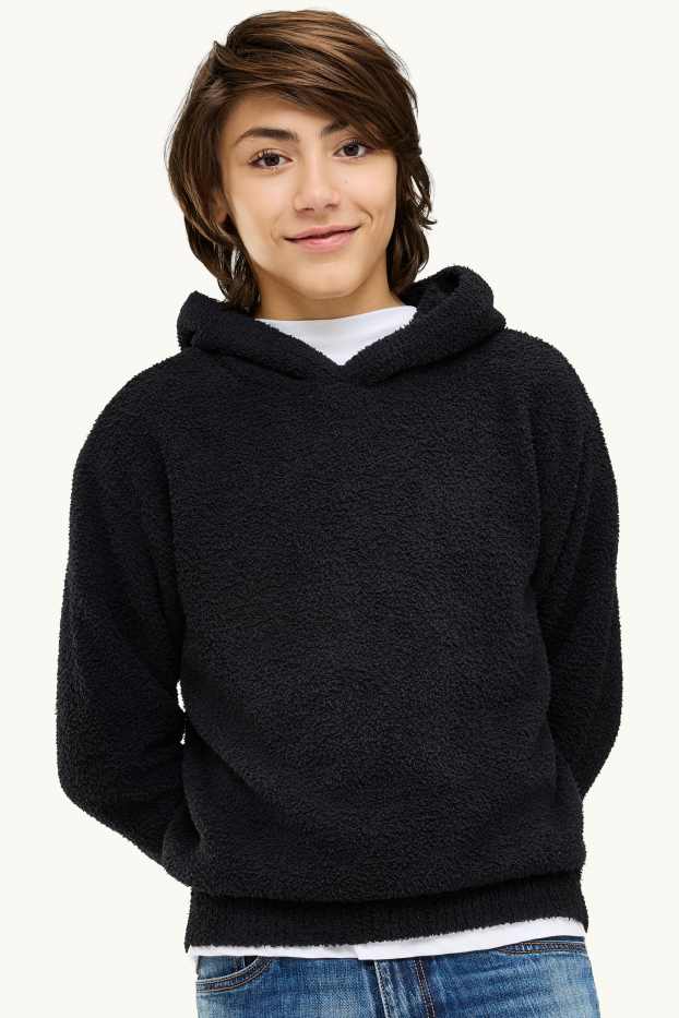 Children Boys - Teddy fur hoodie - black