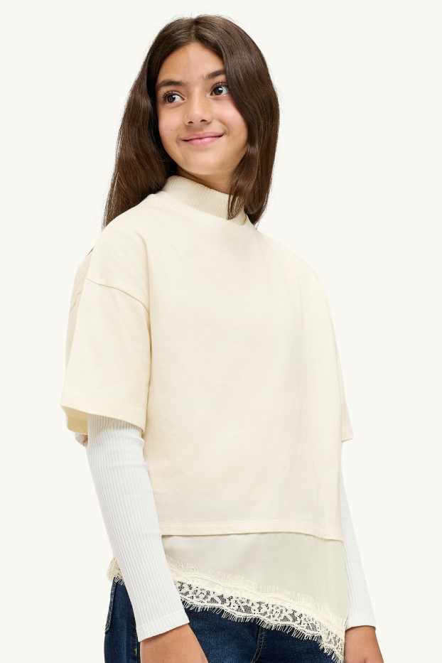 Enfants filles - Haut à manches courtes - look 2-en-1 - blanc crème