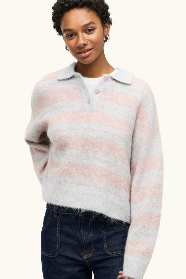 Women - Jumper - striped - gray / pink
