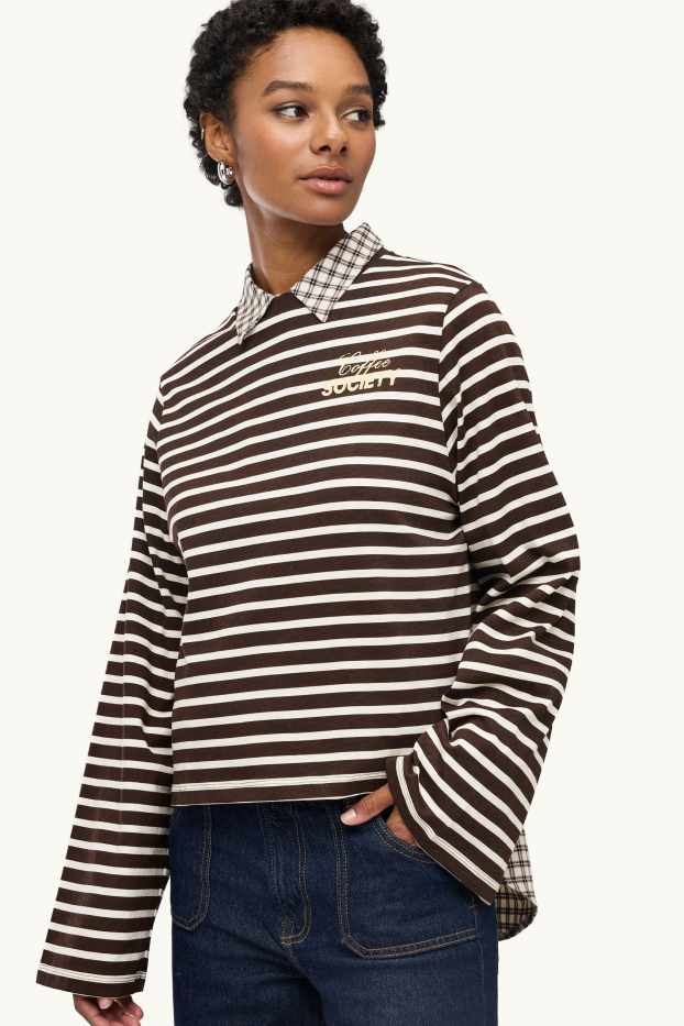 Dames - Longsleeve - slim fit - gestreept - bruin / crème wit