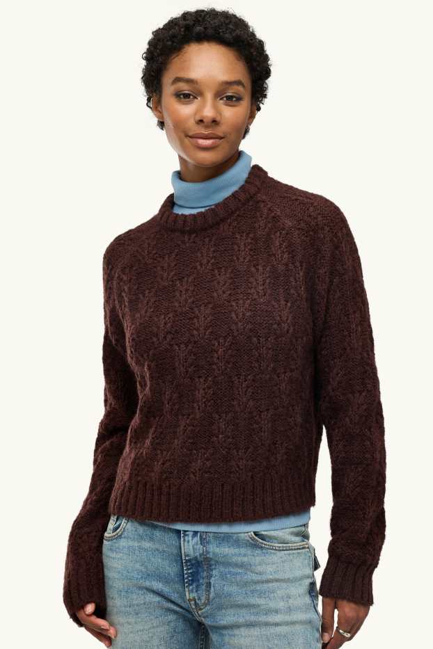 Women - Jumper - cable knit pattern - dark brown