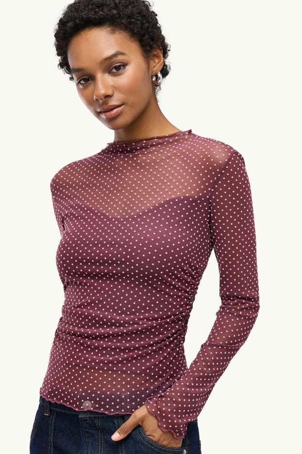 Dames - Longsleeve - mesh - met stippen - bordeaux / wit
