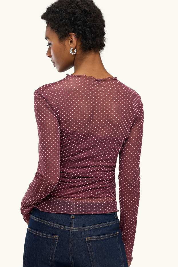Dames - Longsleeve - mesh - met stippen - bordeaux / wit