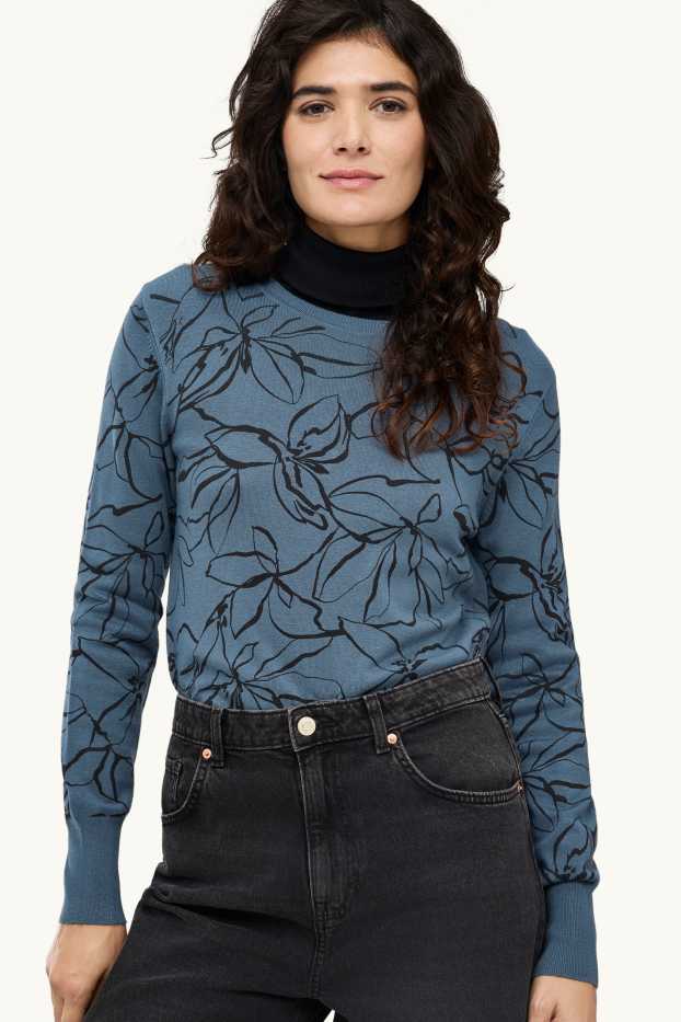 Damen - Pullover - gemustert - blau  / schwarz