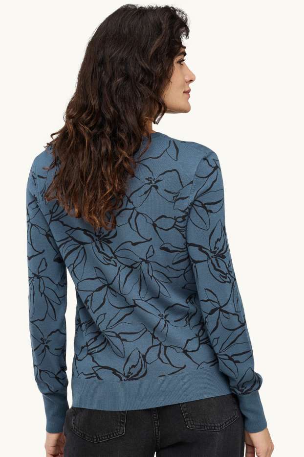 Damen - Pullover - gemustert - blau  / schwarz