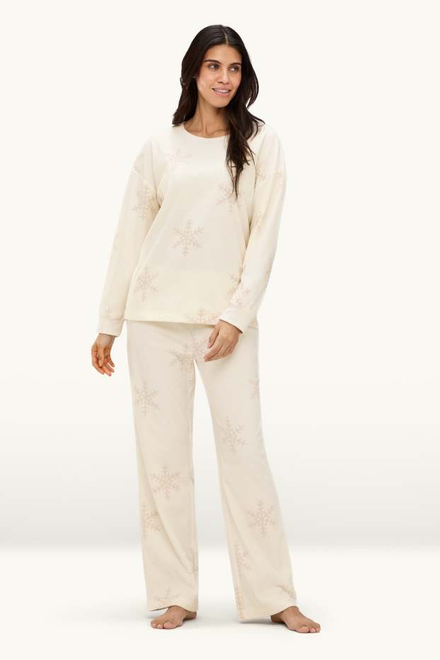 Dames - Fleece pyjama - met patroon - crème wit