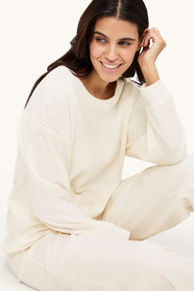 Dames - Fleece pyjama - met patroon - crème wit