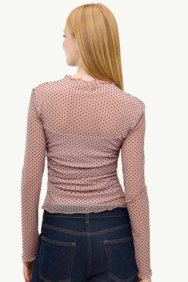 Donna - Maglia a maniche lunghe - tulle - a pois - rosa / rosso scuro