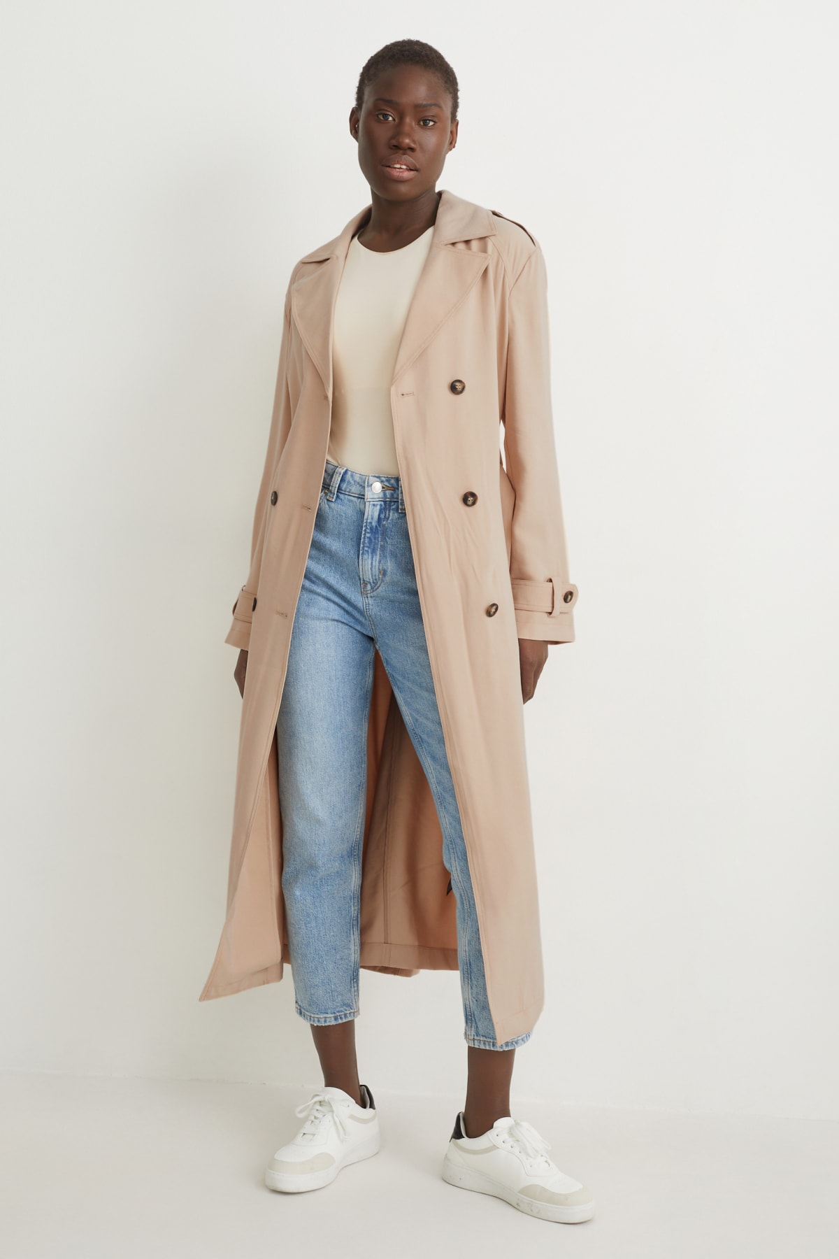 Tan trench top coat with hood