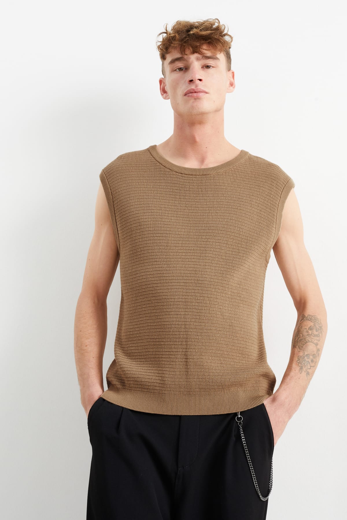 Pull Sans Manche Homme, Pulls En Tricot Pour Hommes Slim Fit Col