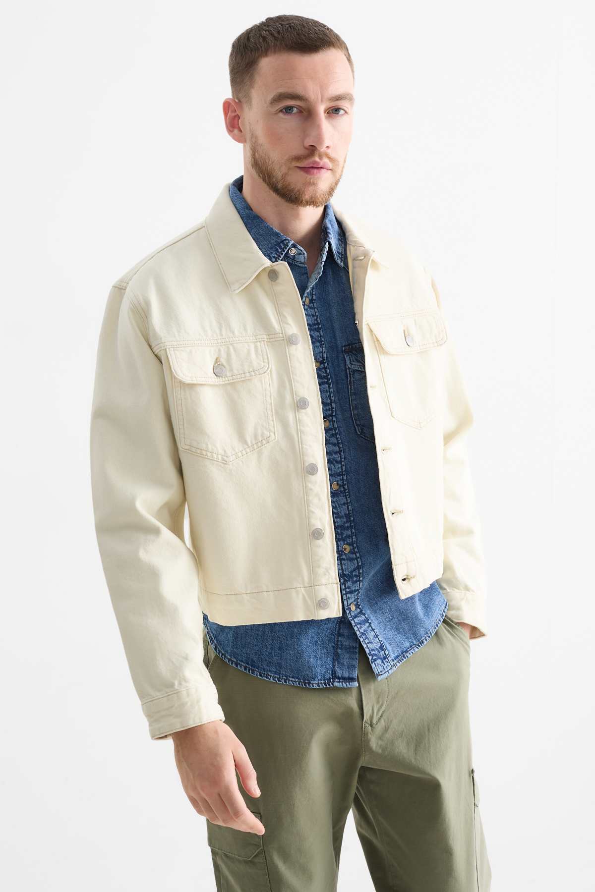 Chaqueta Entretiempo Hombre Con Forro Cuadros: Cargo, Cuello Alto, Multibolsillos - Primavera Y Otoño