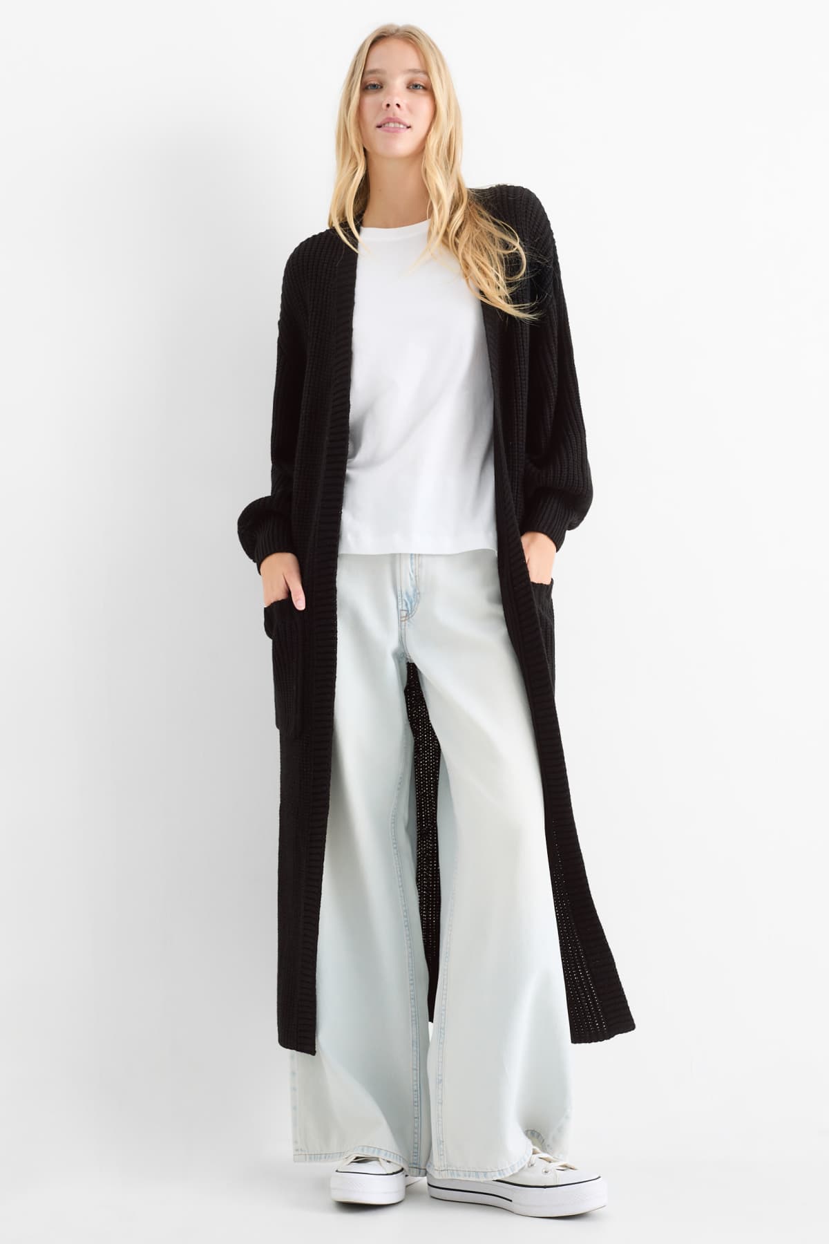 Gilet en maille long - finition côtelée