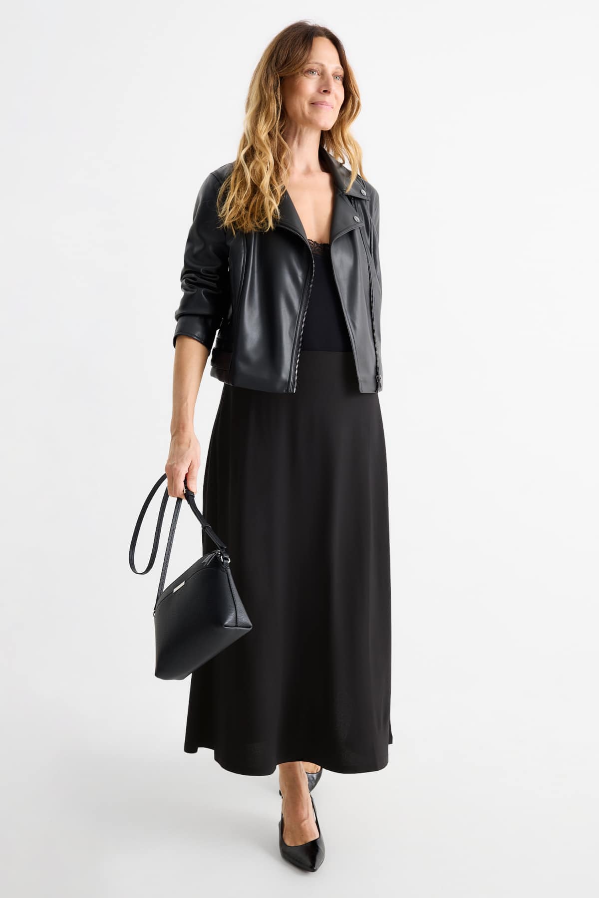 Jupe Noire à Volants Et Imprimé Blanc C&A - Taille S/36, Occasion Très Bon état, Longueur Genou