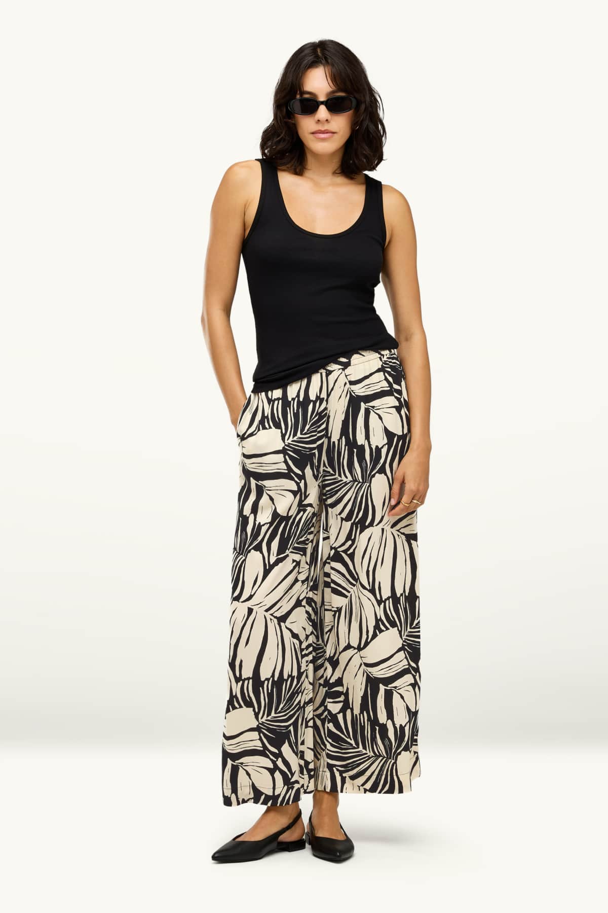 Pantaloni Palazzo Donna A Vita Alta, Gamba Larga, Bianco E Nero, Taglie S-2XL, In Poliestere