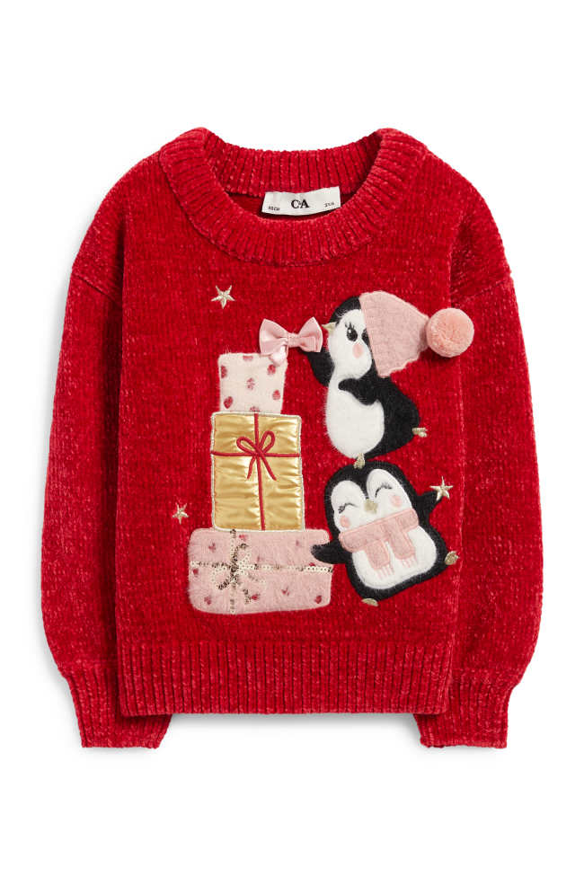 Pingouins - pull de Noël en maille chenille