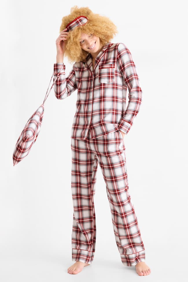 Set - Weihnachts-Flanellpyjama, Schlafmaske und Stoffbeutel