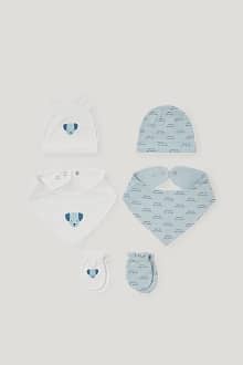 2 x čepice, trojúhelníkový šátek a rukavice proti poškrábání pro miminka