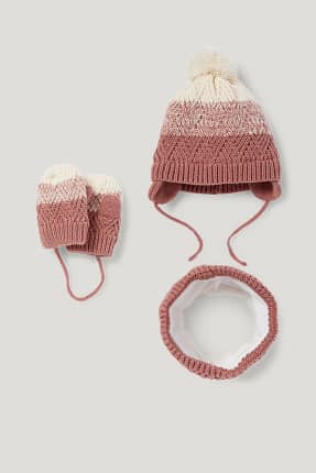 Set - Baby-Mütze, -Loop Schal und -Fäustlinge - 3 teilig