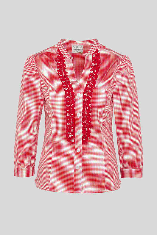 Femei - Bluză tradițională bavareză - în carouri - alb / roșu