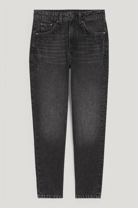 Ženy - Mom jeans se štrasovými kamínky - high waist - džíny - tmavošedé