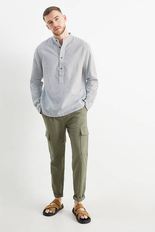 Homes - Camisa - regular fit - coll alçat - mescla de lli - de ratlles - verd