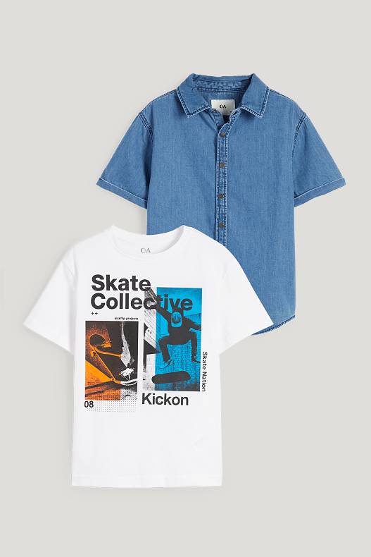 Infants - Patinador - conjunt - samarreta de màniga curta i camisa texana - 2 peces - texà blau