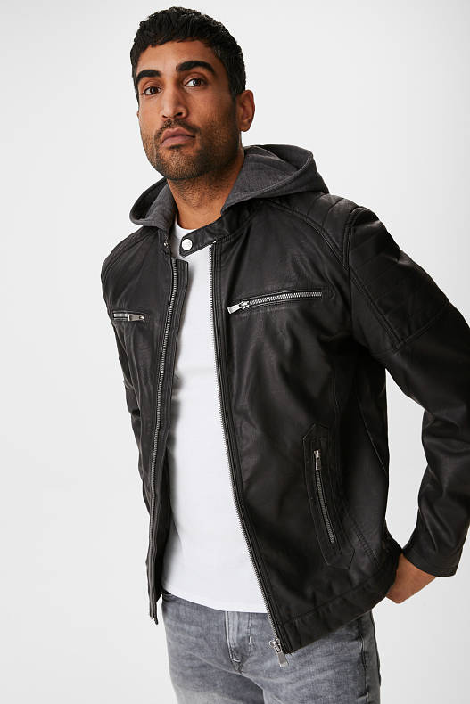 Men - Biker jacket - faux leather - 2-in-1 look - black