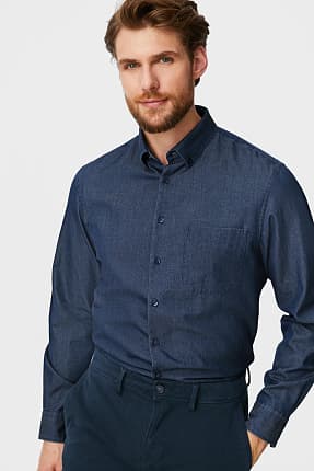 Dżinsowa koszula biznesowa - regular fit - kołnierzyk przypinany na guziki