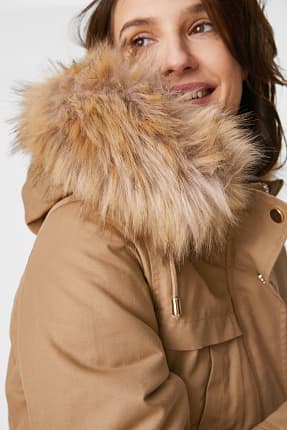 Parka with hood and faux fur trim - lined