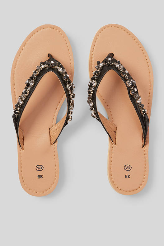 Sale - Thong sandals - faux leather - shiny - black / beige