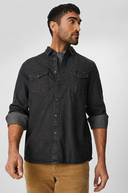 Uomo - Camicia di jeans - Regular Fit - collo all'italiana - nero