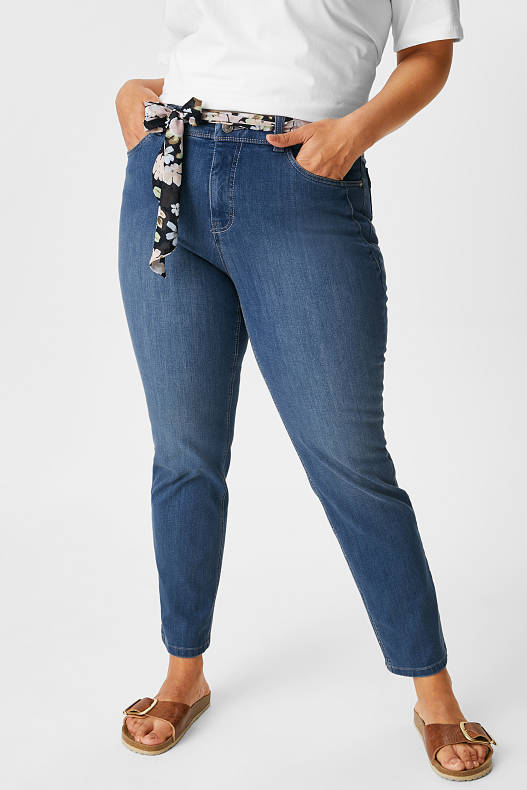 Damen - Slim Jeans mit Bindegürtel - 4 Way Stretch - jeans-blau