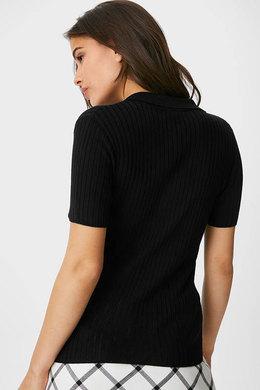 Damen - Poloshirt - gerippt - schwarz