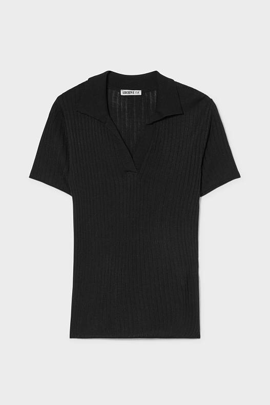 Damen - Poloshirt - gerippt - schwarz