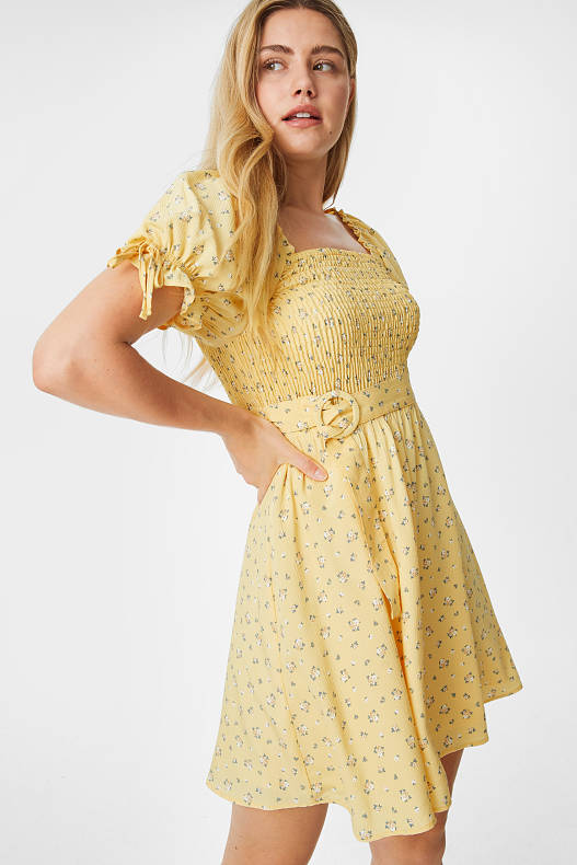 Sale - Mini dress with belt - floral - light yellow