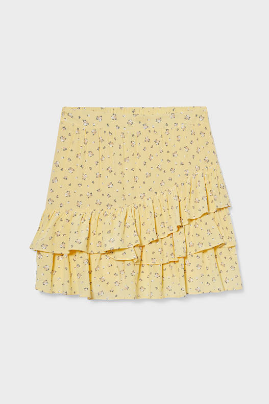 Soldes - Mini-jupe ornée de ruchés - motif floral - jaune clair