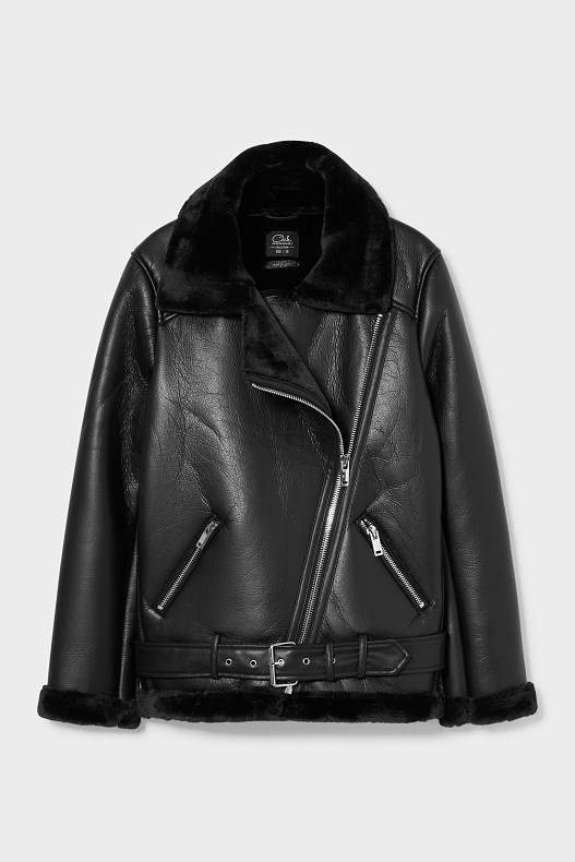 Slevy - CLOCKHOUSE - motorkářská bunda s límcem z umělé kožešiny - s výplní - černá