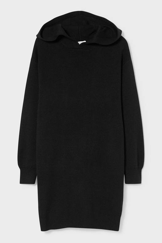 Trend - Dzianinowa sukienka z kapturem - czarny