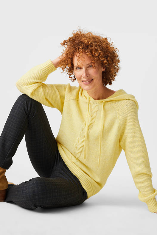 Kobiety - Sweter z kapturem - materiał z recyklingu - jasnożółty