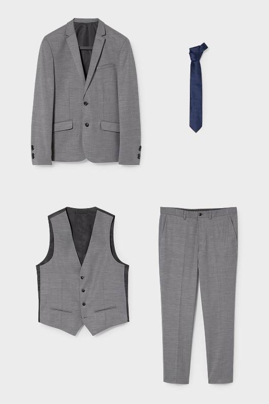 Herren - Anzug mit Krawatte - Body Fit - Stretch - 4 teilig - grau
