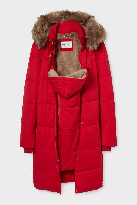 Femme - Manteau matelassé de grossesse à capuche avec empiècement porte-bébé - matière recyclée - rouge