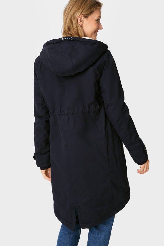 Women - Maternity parka with hood and baby pouch - recycled - dark blue