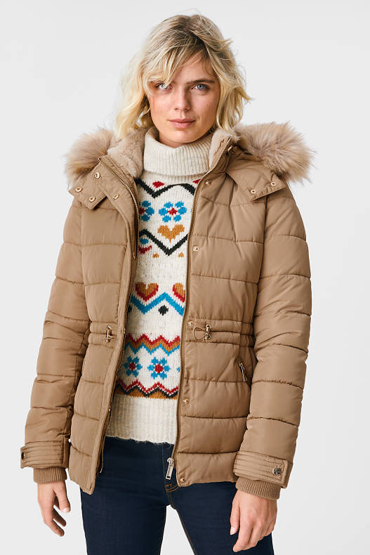 Women - Quilted jacket with hood and faux fur trim - recycled - light brown