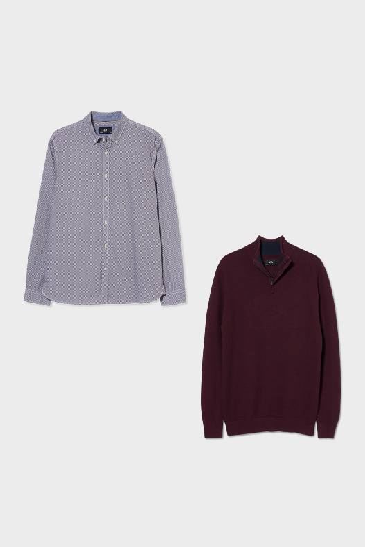 Sale - Jumper and shirt - regular fit - button-down collar - dark red