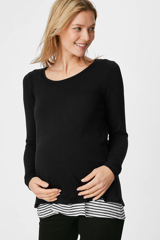 Donna - Maglia a maniche lunghe per allattamento - effetto 2 in 1 - nero