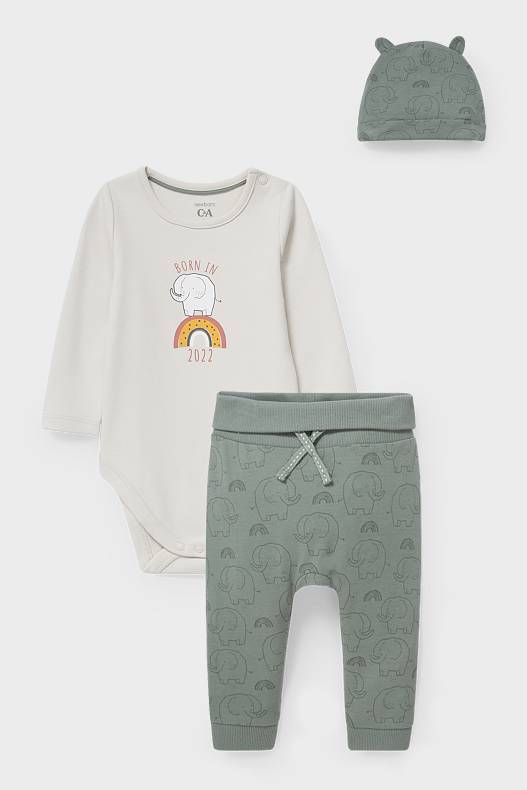 Babys - Baby-Outfit - 3 teilig - dunkelgrün / cremeweiß