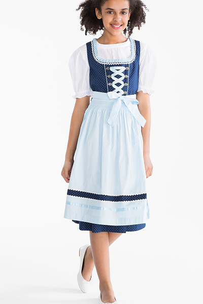 C A Dirndl met stippen 3 delig, Blauw, Maat 134 C A Dirndl met stippen 3 delig, Blauw, Maat 134