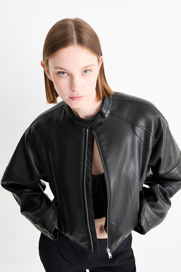 C&A Crop Bikerjacke-Lederimitat, Schwarz, Größe: M