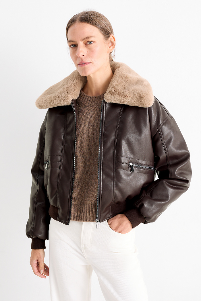 C&A Bomberjacke mit Kunstfellbesatz-Lederimitat, Braun, Größe: M